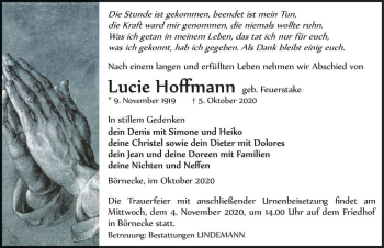 Traueranzeige von Lucie Hoffmann (geb. Feuerstake)  von Magdeburger Volksstimme