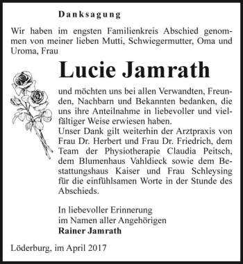 Traueranzeige von Lucie Jamrath  von Magdeburger Volksstimme