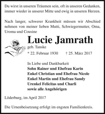 Traueranzeige von Lucie Jamrath (geb. Tanske)  von Magdeburger Volksstimme