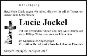 Traueranzeige von Lucie Jockel  von Magdeburger Volksstimme