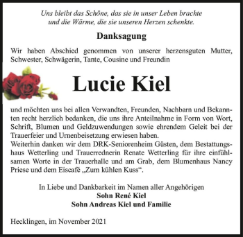 Traueranzeige von Lucie Kiel  von Magdeburger Volksstimme