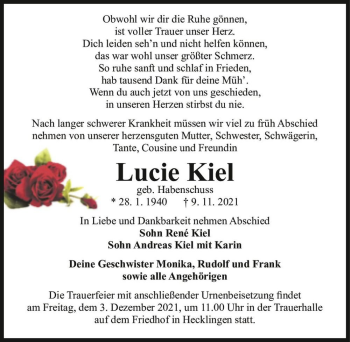 Traueranzeige von Lucie Kiel (geb. Habenschuss)  von Magdeburger Volksstimme