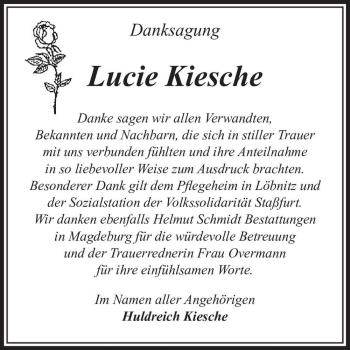 Traueranzeige von Lucie Kiesche  von Magdeburger Volksstimme