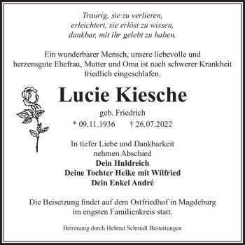 Traueranzeige von Lucie Kiesche (geb. Friedrich)  von Magdeburger Volksstimme