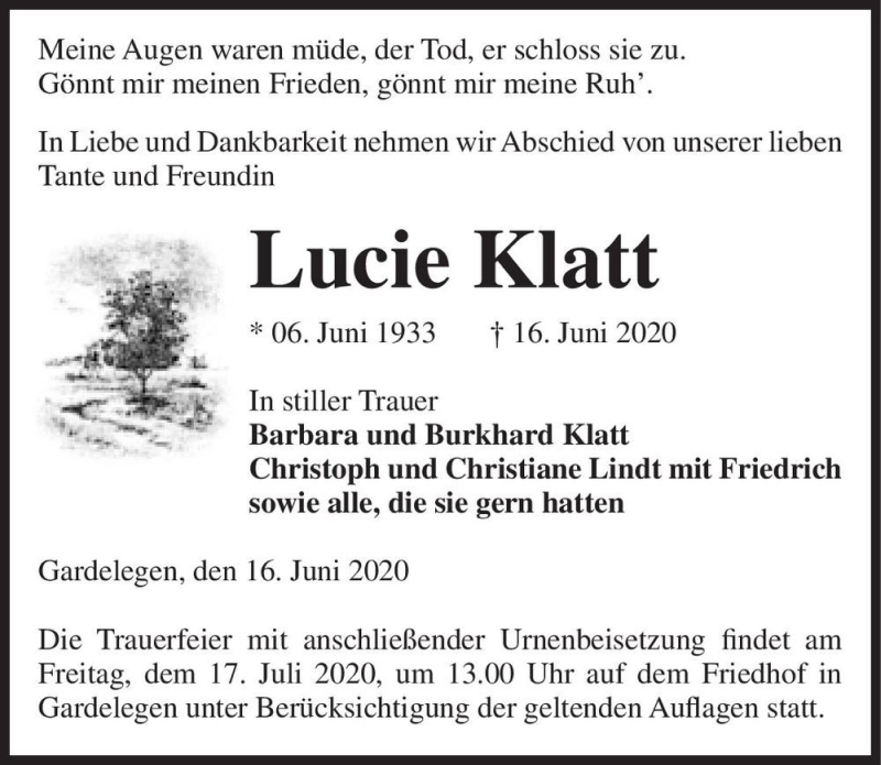  Traueranzeige für Lucie Klatt  vom 04.07.2020 aus Magdeburger Volksstimme