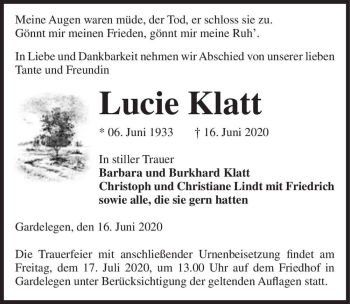 Traueranzeige von Lucie Klatt  von Magdeburger Volksstimme