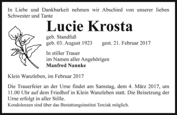 Traueranzeige von Lucie Krosta (geb. Standfuß)  von Magdeburger Volksstimme