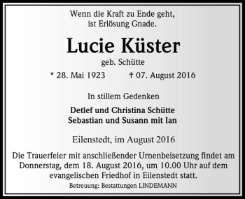 Traueranzeige von Lucie Küster (geb. Schütte)  von Magdeburger Volksstimme