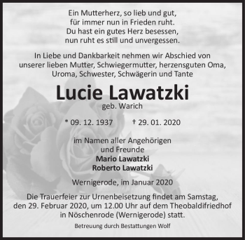 Traueranzeige von Lucie Lawatzki (geb. Warich)  von Magdeburger Volksstimme