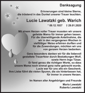 Traueranzeige von Lucie Lawatzki (geb. Warich)  von Magdeburger Volksstimme