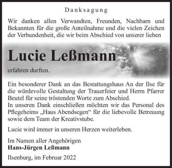 Traueranzeige von Lucie Leßmann  von Magdeburger Volksstimme