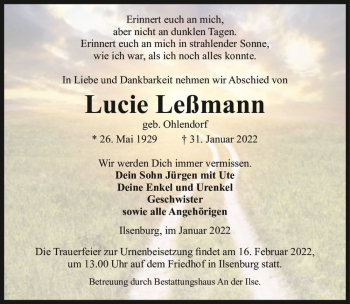 Traueranzeige von Lucie Leßmann (geb. Ohlendorf)  von Magdeburger Volksstimme
