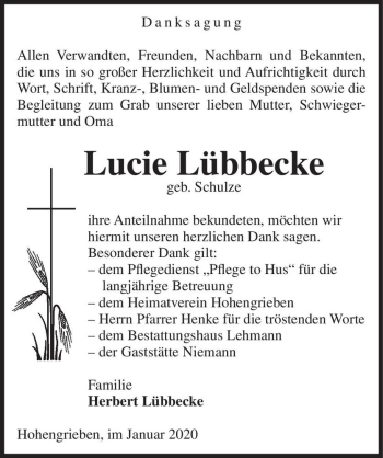 Traueranzeige von Lucie Lübbecke (geb. Schulze)  von Magdeburger Volksstimme