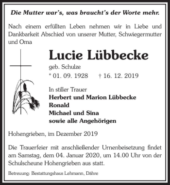 Traueranzeige von Lucie Lübbecke (geb. Schulze)  von Magdeburger Volksstimme