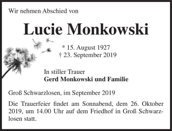 Traueranzeige von Lucie Monkowski  von Magdeburger Volksstimme