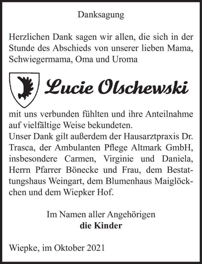  Traueranzeige für Lucie Olschewski  vom 20.10.2021 aus Magdeburger Volksstimme