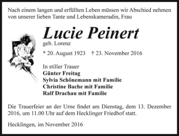 Traueranzeige von Lucie Peinert (geb. Lorenz)  von Magdeburger Volksstimme