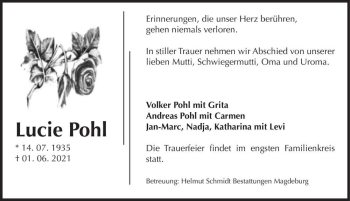 Traueranzeige von Lucie Pohl  von Magdeburger Volksstimme