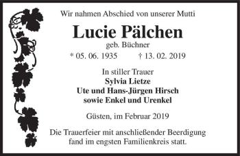 Traueranzeige von Lucie Pälchen (geb. Büchner)  von Magdeburger Volksstimme