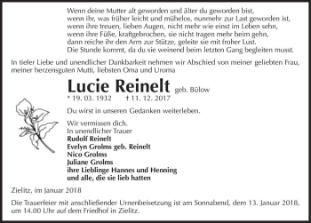 Traueranzeige von Lucie Reinelt (geb. Bülow)  von Magdeburger Volksstimme