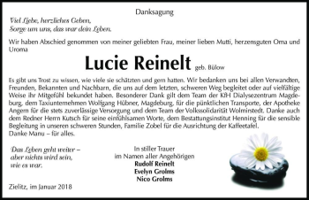 Traueranzeige von Lucie Reinelt (geb. Bülow)  von Magdeburger Volksstimme