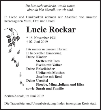 Traueranzeige von Lucie Rockar  von Magdeburger Volksstimme
