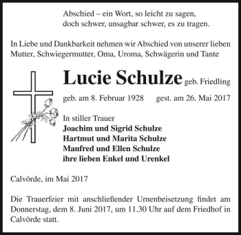 Traueranzeige von Lucie Schulze (geb. Friedling)  von Magdeburger Volksstimme