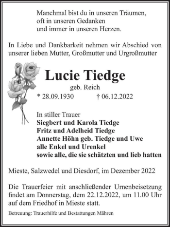 Traueranzeige von Lucie Tiedge (geb. Reich)  von Magdeburger Volksstimme