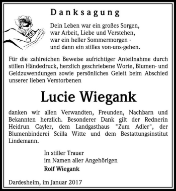 Traueranzeige von Lucie Wiegank  von Magdeburger Volksstimme