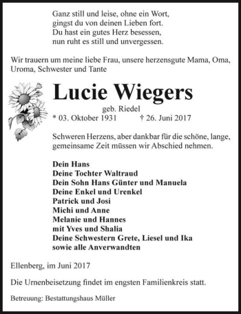 Traueranzeige von Lucie Wiegers (geb. Riedel)  von Magdeburger Volksstimme