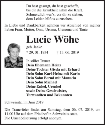 Traueranzeige von Lucie Wöhe (geb. Janke)  von Magdeburger Volksstimme