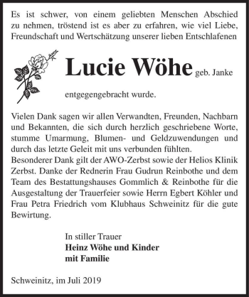 Traueranzeige von Lucie Wöhe (geb. Janke)  von Magdeburger Volksstimme