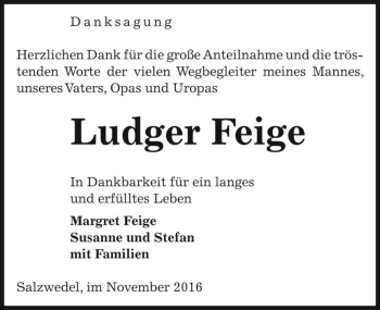 Traueranzeige von Ludger Feige  von Magdeburger Volksstimme
