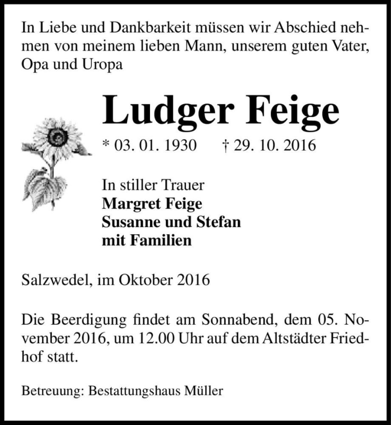  Traueranzeige für Ludger Feige  vom 03.11.2016 aus Magdeburger Volksstimme