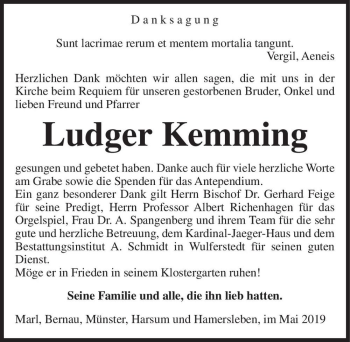 Traueranzeige von Ludger Kemming  von Magdeburger Volksstimme