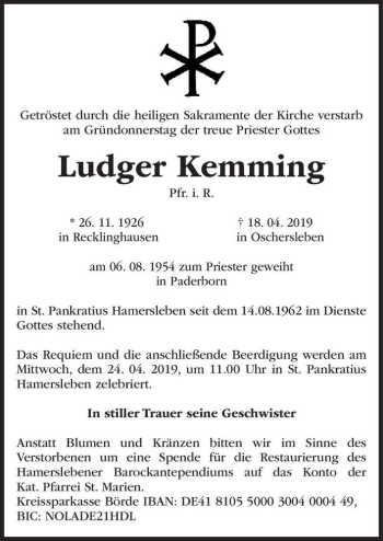 Traueranzeige von Ludger Kemming  von Magdeburger Volksstimme