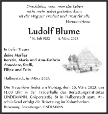 Traueranzeige von Ludolf Blume  von Magdeburger Volksstimme