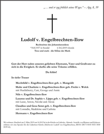 Traueranzeige von Ludolf v. Engelbrechten-Ilow  von Magdeburger Volksstimme