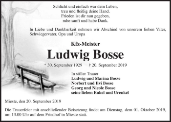 Traueranzeige von Ludwig Bosse  von Magdeburger Volksstimme