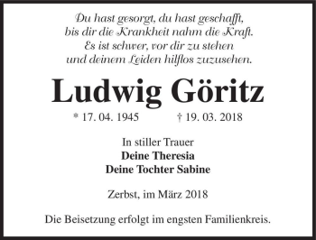 Traueranzeige von Ludwig Göritz  von Magdeburger Volksstimme