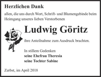 Traueranzeige von Ludwig Göritz  von Magdeburger Volksstimme