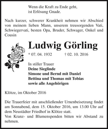 Traueranzeige von Ludwig Görling  von Magdeburger Volksstimme