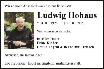 Traueranzeige von Ludwig Hohaus  von Magdeburger Volksstimme
