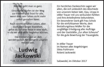Traueranzeige von Ludwig Jackowski  von Magdeburger Volksstimme
