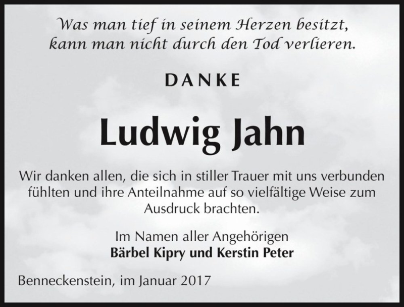  Traueranzeige für Ludwig Jahn  vom 28.01.2017 aus Magdeburger Volksstimme