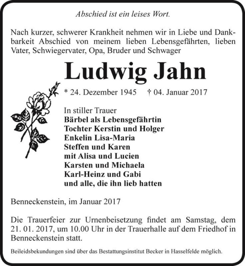  Traueranzeige für Ludwig Jahn  vom 14.01.2017 aus Magdeburger Volksstimme