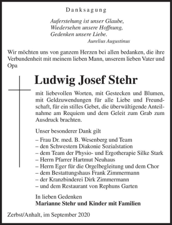 Traueranzeige von Ludwig Josef Stehr  von Magdeburger Volksstimme