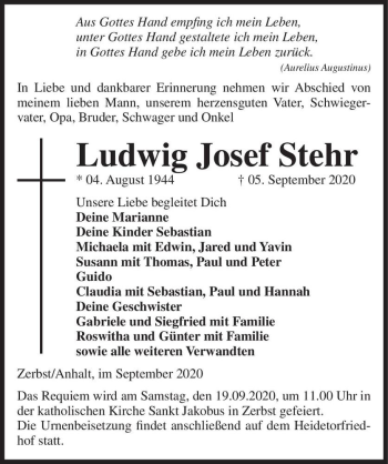 Traueranzeige von Ludwig Josef Stehr  von Magdeburger Volksstimme