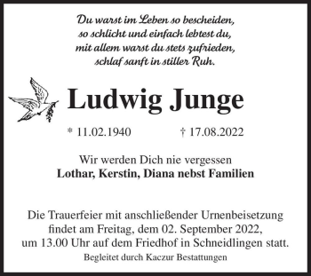 Traueranzeige von Ludwig Junge  von Magdeburger Volksstimme