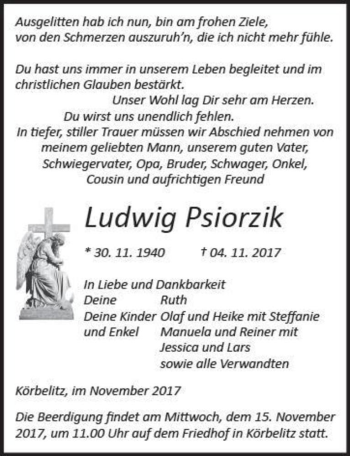 Traueranzeige von Ludwig Psiorzik  von Magdeburger Volksstimme
